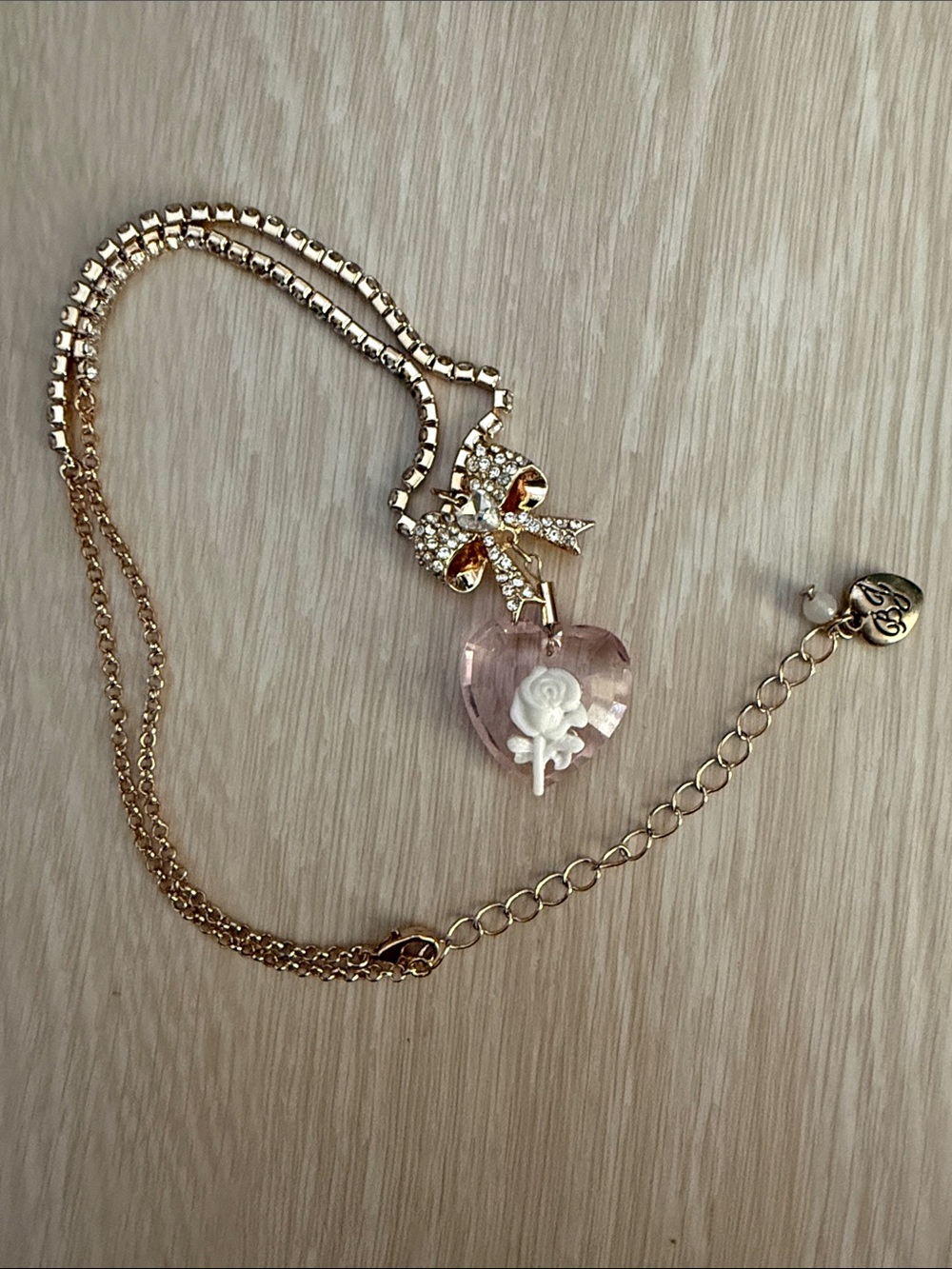 Betsey Johnson Gold Necklace with Pink Heart and Crystal Bow Pendant